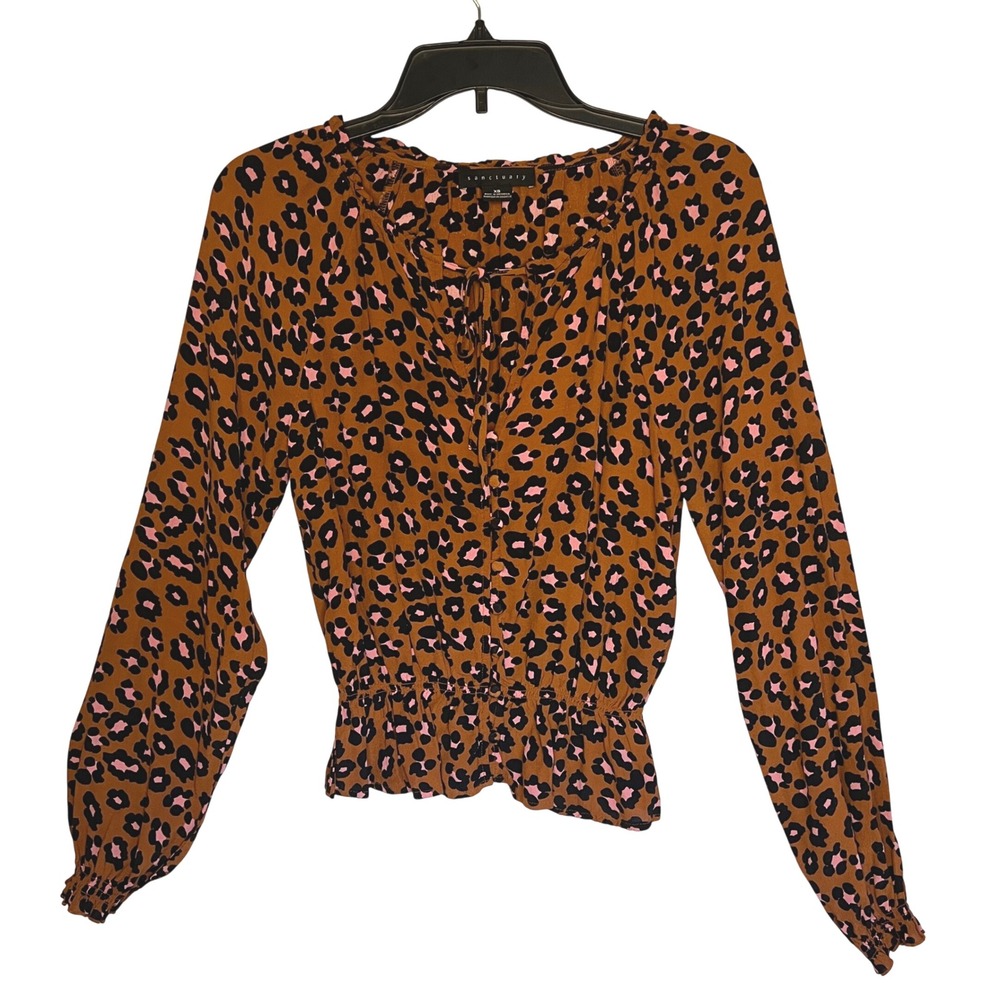 Sanctuary Leopard Cheetah‎ Smocked Peplum Blouse Womens XS Keyhole Neck